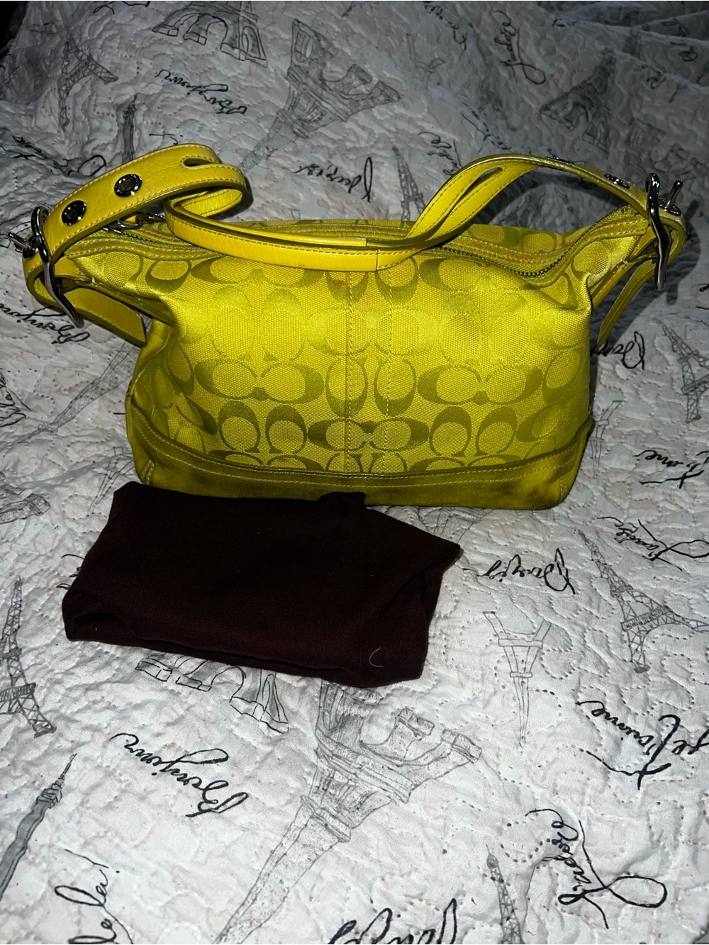 Coach Bright Yellow Signature Jacquard Shoulder Bag with Leather Trim